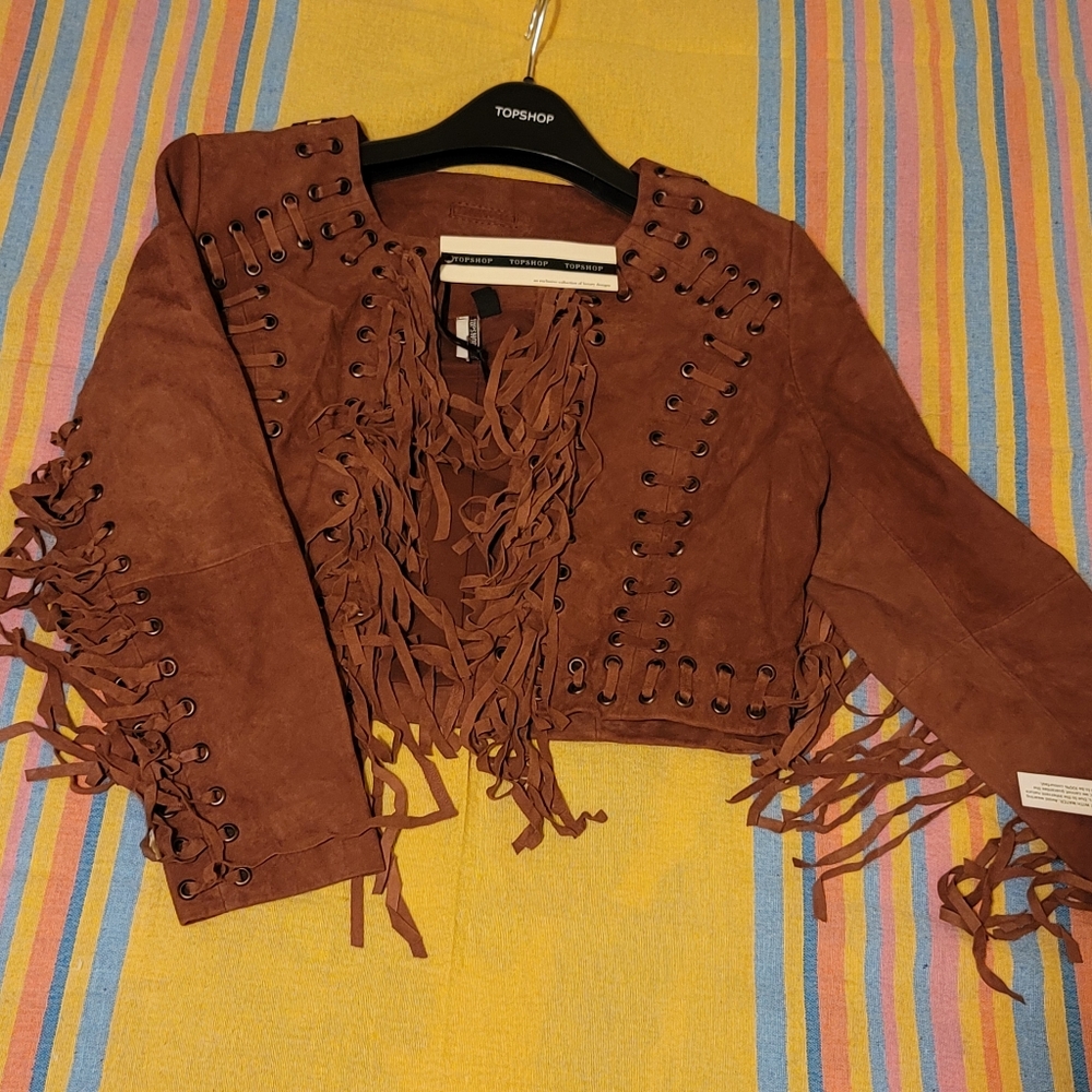 Topshop UK fringed suede cropped jacket size 4